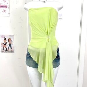 LIME GREEN ASYMMETRICAL SHEER TIE-FRONT TOP – RAYLIA DESIGNS